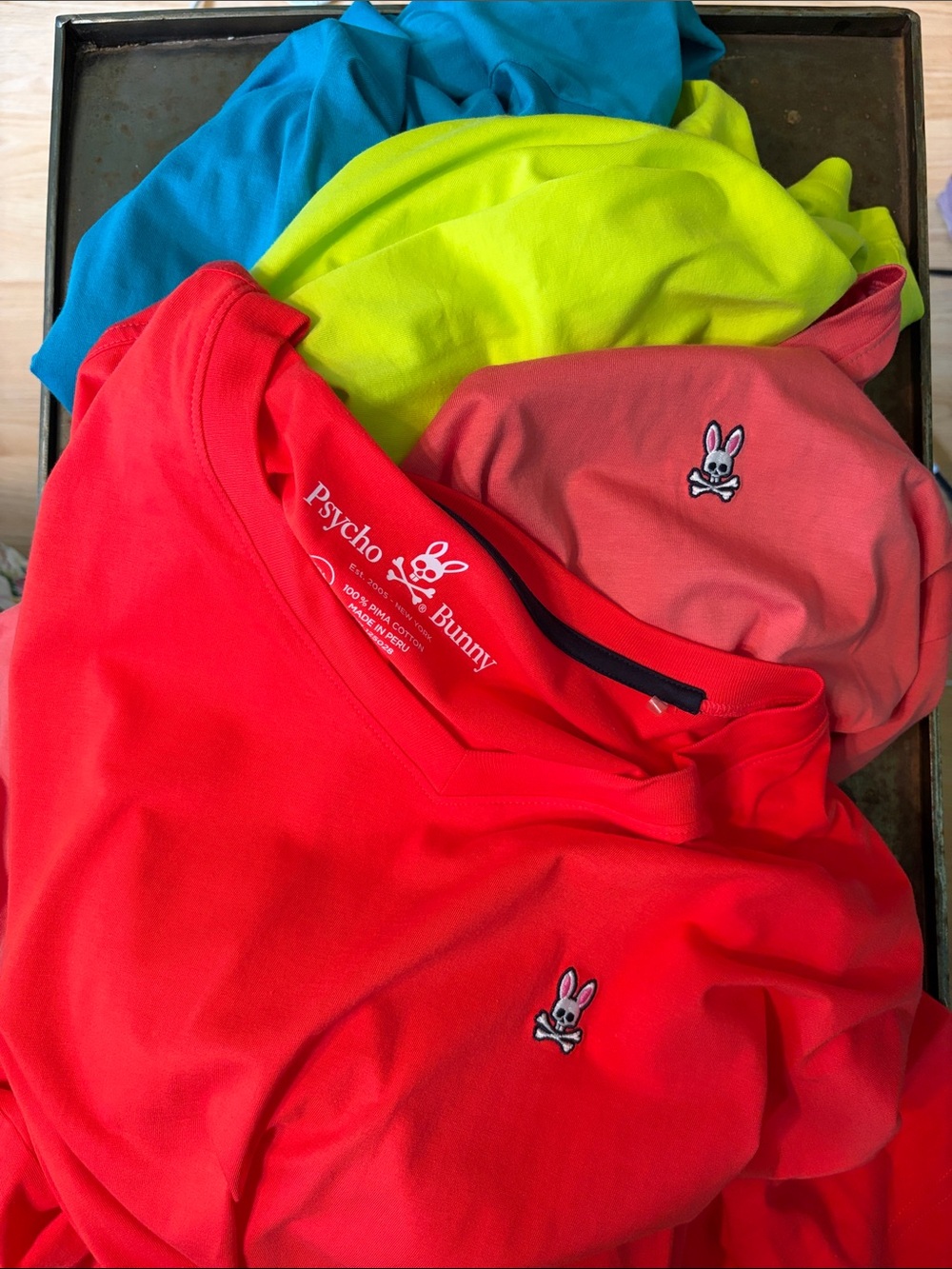 Psycho Bunny V-Neck 100% Pima Tee Lot of 4. Coral, Salmon, Yellow, Turquoise. 3X